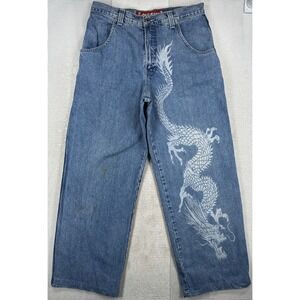 Vintage JNCO White Dragon Wide Leg Blue Jeans Men's 34x32 (Stains)